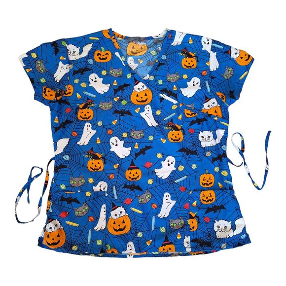 Halloween Scrub Top faux wrap tie back kittens jack o lanterns ghosts size Large - Picture 1 of 6